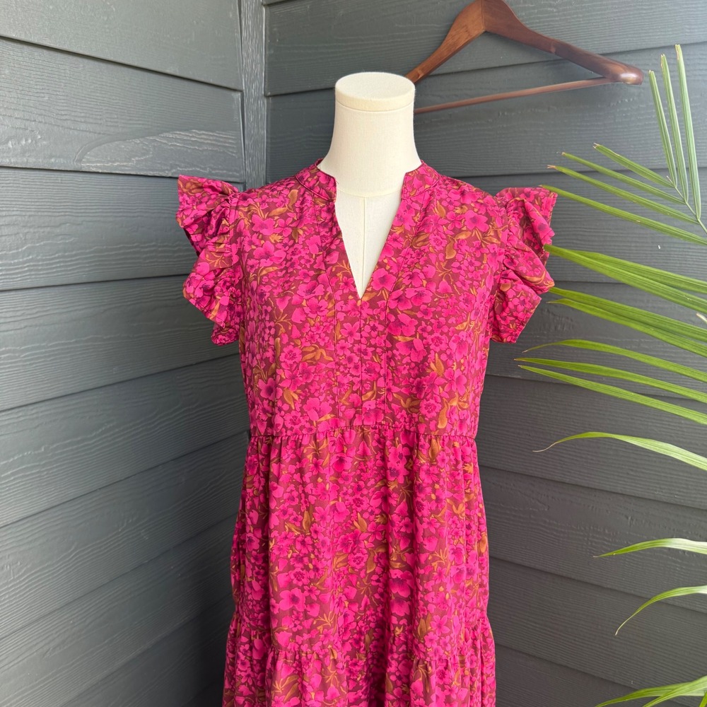 Entro Floral Tiered Maxi Dress Pink Ruffle Sleeve V Neck Cottagecore S‎